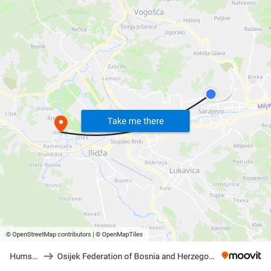 Humska to Osijek Federation of Bosnia and Herzegovina map