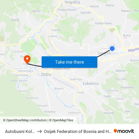 Autobusni Kolodvor to Osijek Federation of Bosnia and Herzegovina map