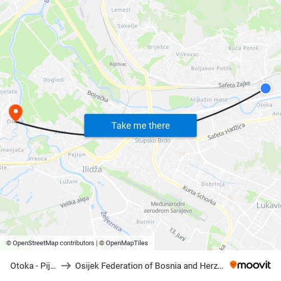 Otoka - Pijaca to Osijek Federation of Bosnia and Herzegovina map
