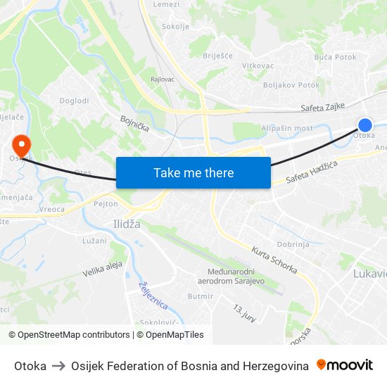 Otoka to Osijek Federation of Bosnia and Herzegovina map