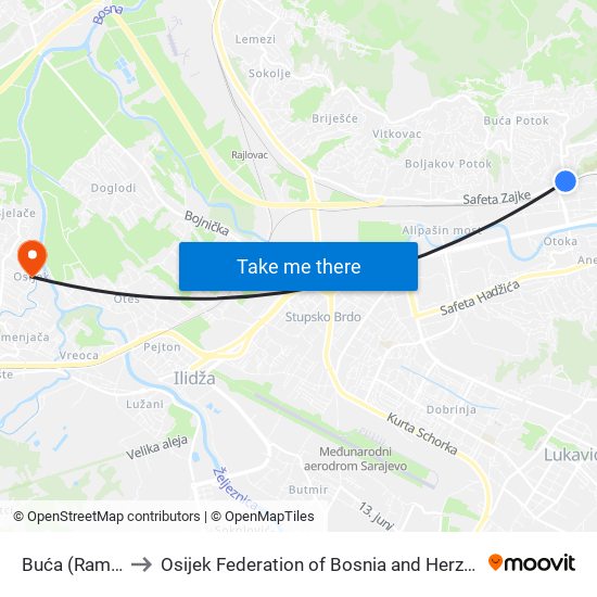 Buća (Rampa) to Osijek Federation of Bosnia and Herzegovina map