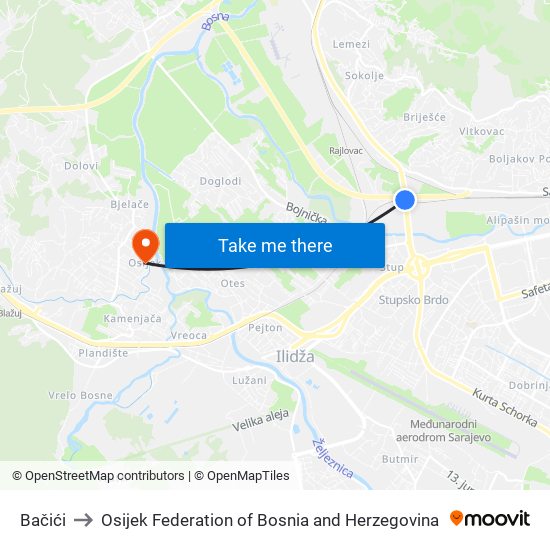 Bačići to Osijek Federation of Bosnia and Herzegovina map