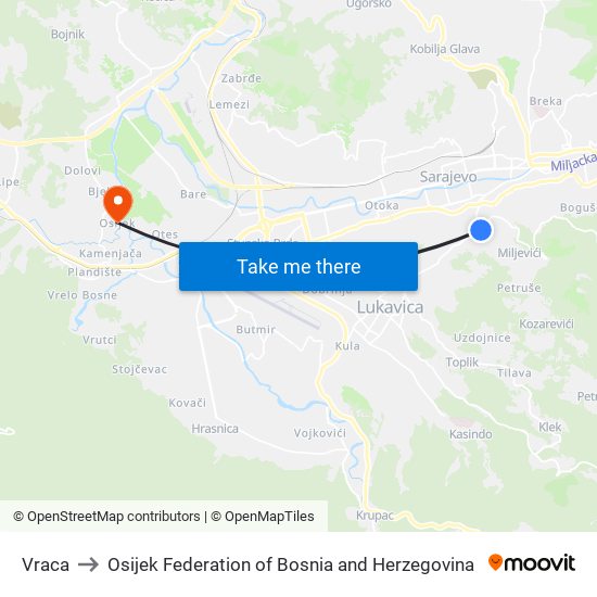 Vraca to Osijek Federation of Bosnia and Herzegovina map