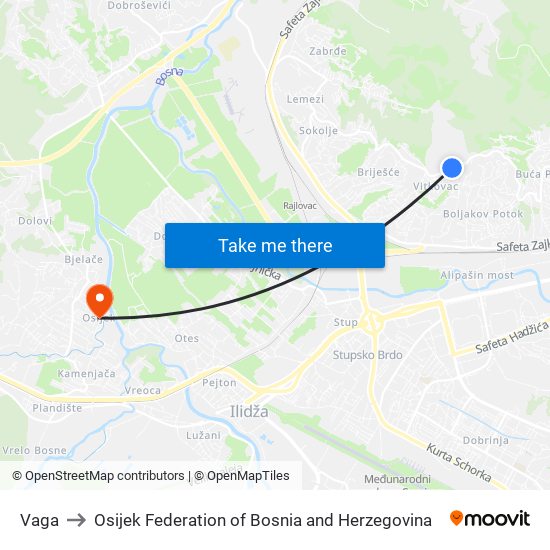 Vaga to Osijek Federation of Bosnia and Herzegovina map