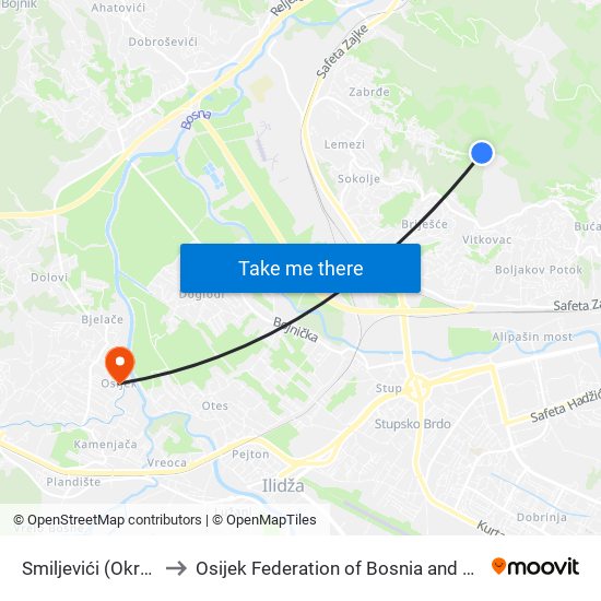 Smiljevići (Okretnica) to Osijek Federation of Bosnia and Herzegovina map
