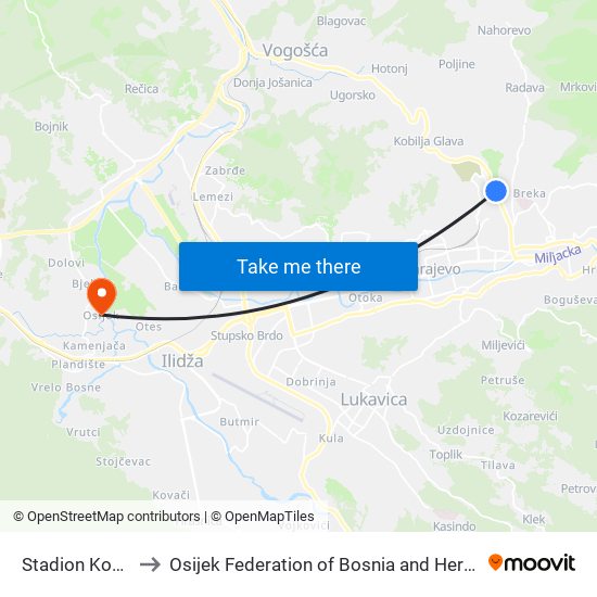 Stadion Koševo to Osijek Federation of Bosnia and Herzegovina map
