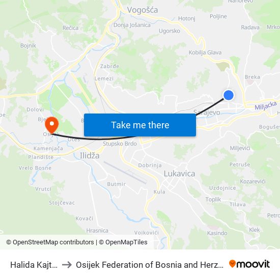 Halida Kajtaza to Osijek Federation of Bosnia and Herzegovina map