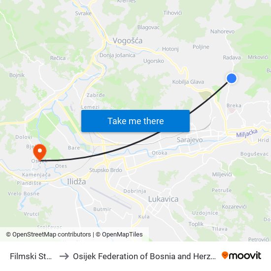 Filmski Studio to Osijek Federation of Bosnia and Herzegovina map