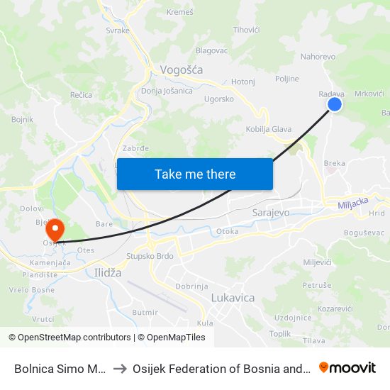 Bolnica Simo Milošević to Osijek Federation of Bosnia and Herzegovina map