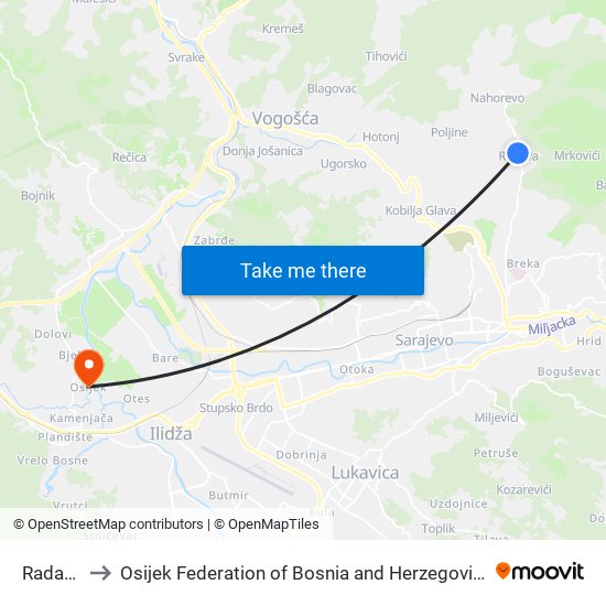 Radava to Osijek Federation of Bosnia and Herzegovina map