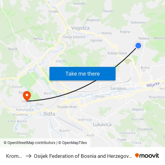 Kromolj to Osijek Federation of Bosnia and Herzegovina map