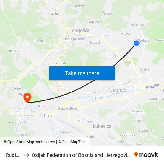 Rudine to Osijek Federation of Bosnia and Herzegovina map