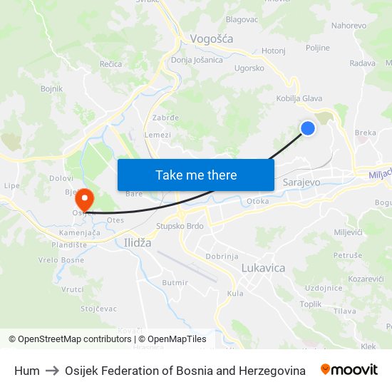 Hum to Osijek Federation of Bosnia and Herzegovina map