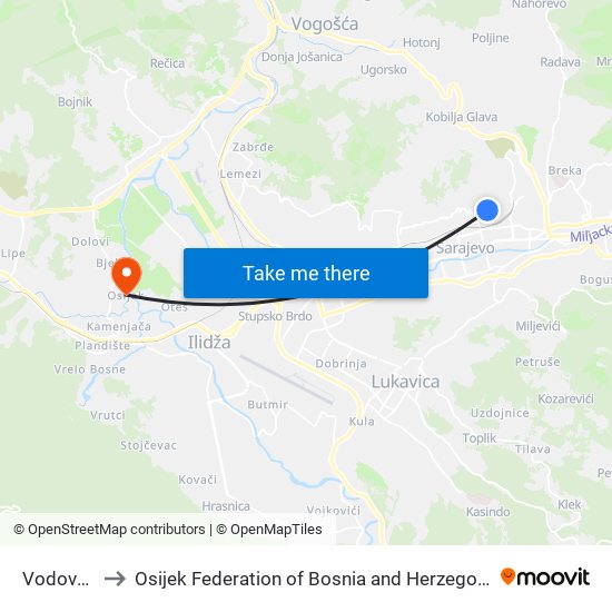 Vodovod to Osijek Federation of Bosnia and Herzegovina map