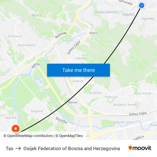 Tas to Osijek Federation of Bosnia and Herzegovina map