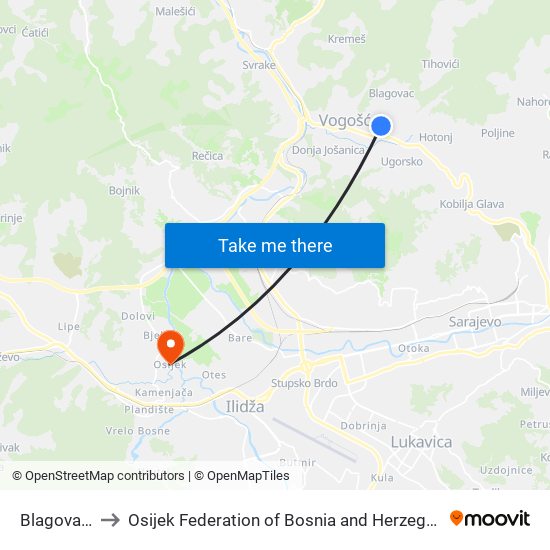 Blagovac I to Osijek Federation of Bosnia and Herzegovina map