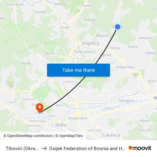 Tihovići (Okretnica) to Osijek Federation of Bosnia and Herzegovina map