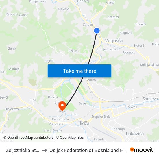 Željeznička Stanica to Osijek Federation of Bosnia and Herzegovina map