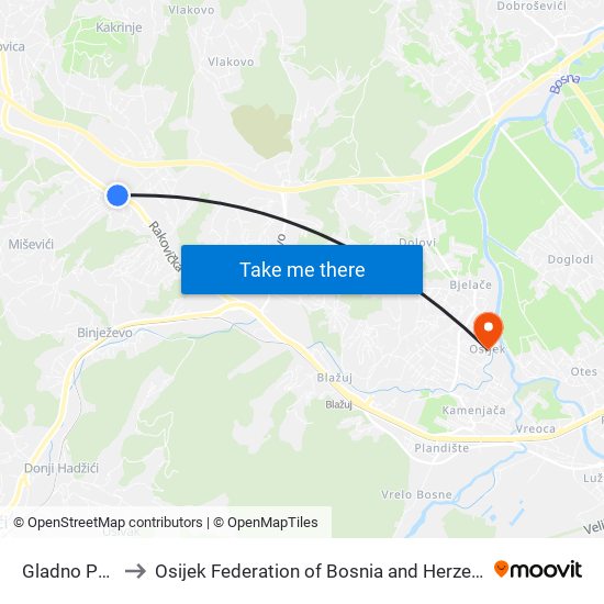 Gladno Polje to Osijek Federation of Bosnia and Herzegovina map