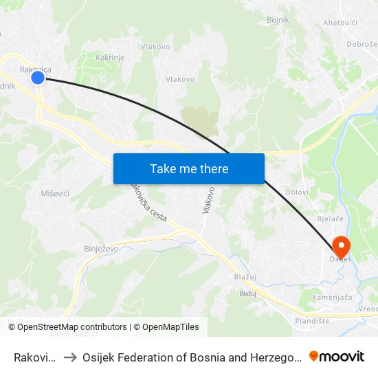 Rakovica to Osijek Federation of Bosnia and Herzegovina map