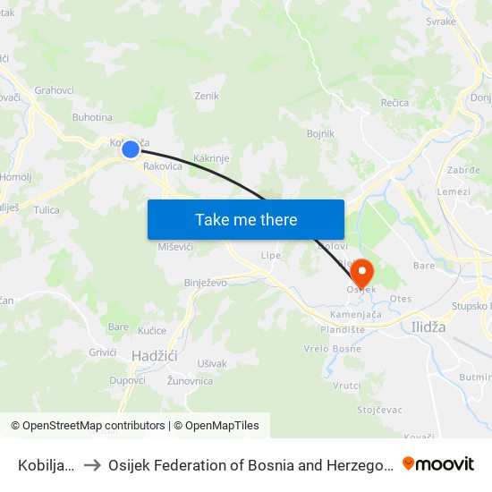 Kobiljača to Osijek Federation of Bosnia and Herzegovina map
