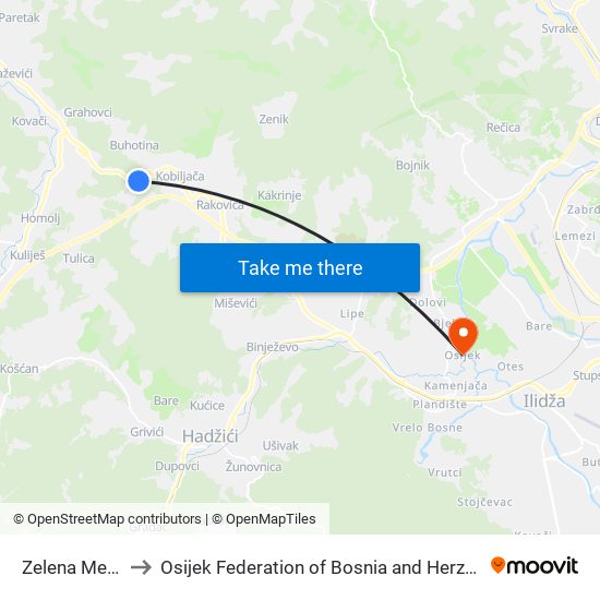 Zelena Meraja to Osijek Federation of Bosnia and Herzegovina map