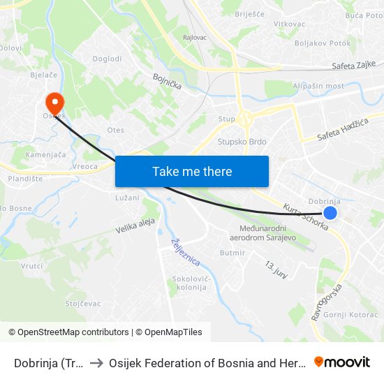 Dobrinja (Trafo) to Osijek Federation of Bosnia and Herzegovina map