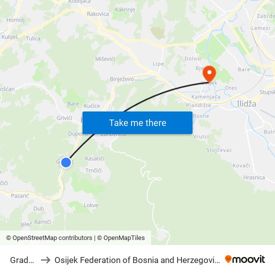 Gradac to Osijek Federation of Bosnia and Herzegovina map