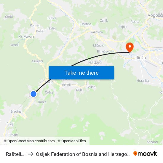 Raštelica to Osijek Federation of Bosnia and Herzegovina map