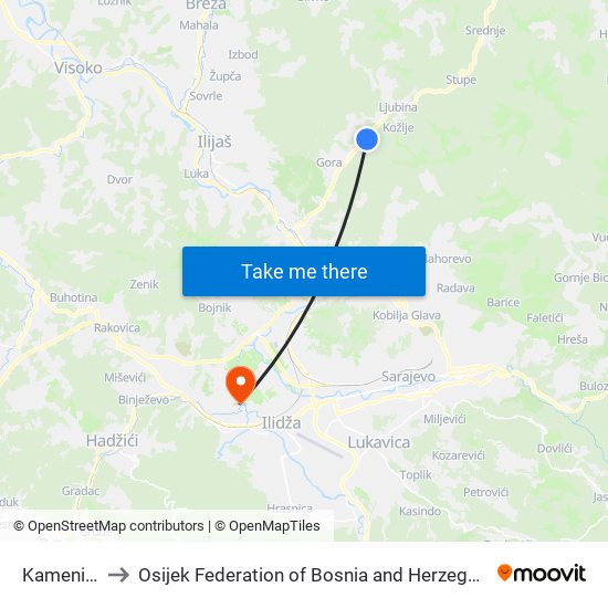 Kamenica to Osijek Federation of Bosnia and Herzegovina map