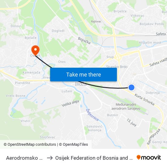 Aerodromsko Naselje to Osijek Federation of Bosnia and Herzegovina map