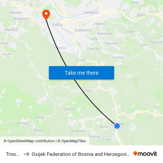 Trnovo to Osijek Federation of Bosnia and Herzegovina map