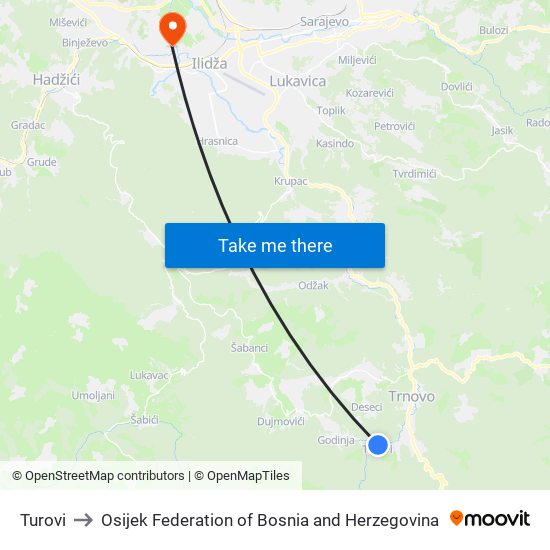 Turovi to Osijek Federation of Bosnia and Herzegovina map