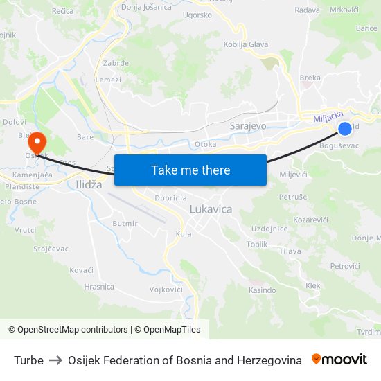 Turbe to Osijek Federation of Bosnia and Herzegovina map