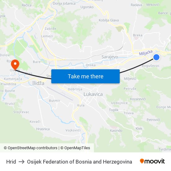 Hrid to Osijek Federation of Bosnia and Herzegovina map