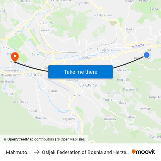 Mahmutovac to Osijek Federation of Bosnia and Herzegovina map