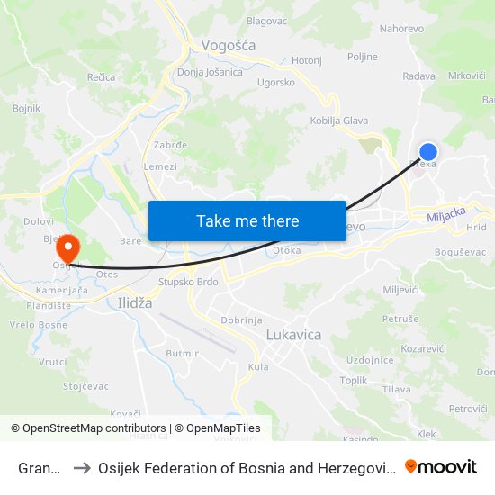 Granap to Osijek Federation of Bosnia and Herzegovina map