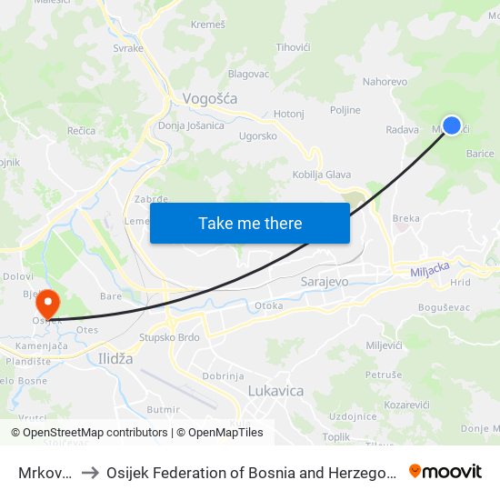 Mrkovići to Osijek Federation of Bosnia and Herzegovina map