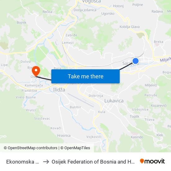 Ekonomska Škola to Osijek Federation of Bosnia and Herzegovina map