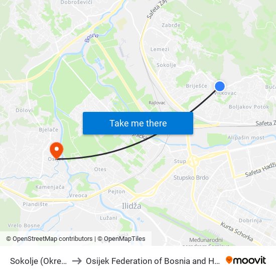 Sokolje (Okretnica) to Osijek Federation of Bosnia and Herzegovina map