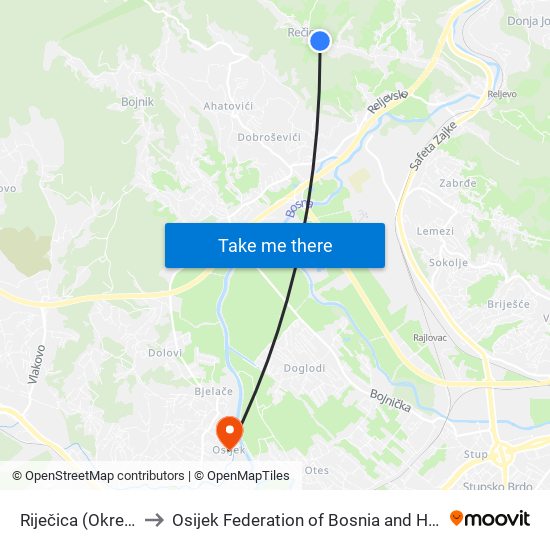 Riječica (Okretnica) to Osijek Federation of Bosnia and Herzegovina map