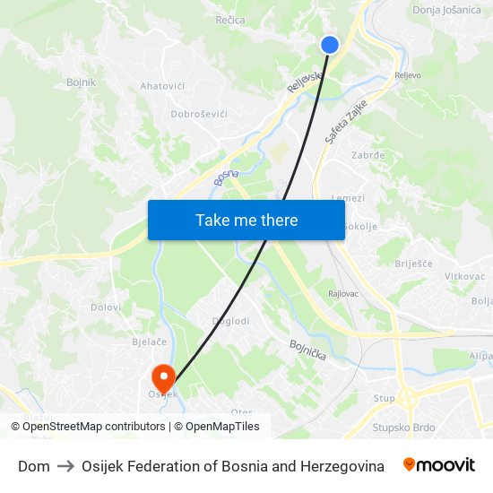 Dom to Osijek Federation of Bosnia and Herzegovina map