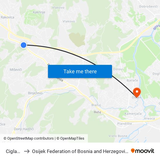 Ciglane to Osijek Federation of Bosnia and Herzegovina map