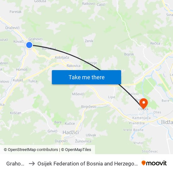 Grahovci to Osijek Federation of Bosnia and Herzegovina map