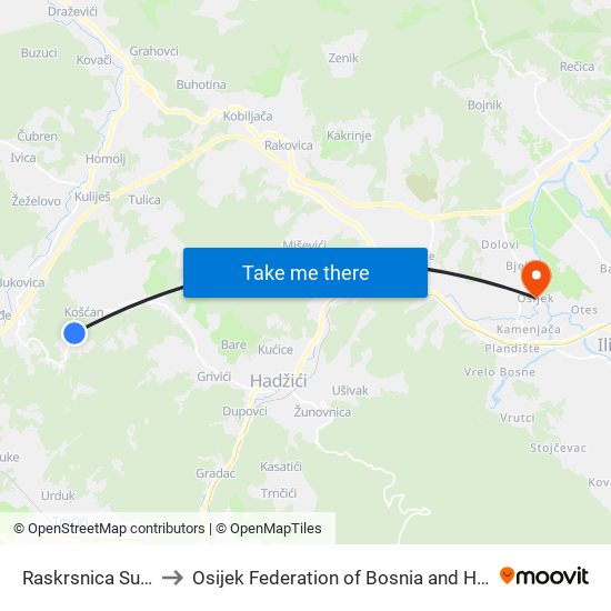 Raskrsnica Suhodol to Osijek Federation of Bosnia and Herzegovina map