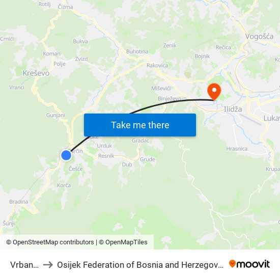 Vrbanja to Osijek Federation of Bosnia and Herzegovina map