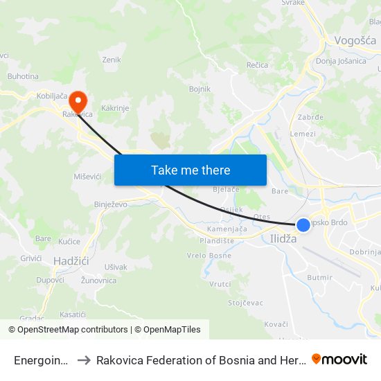 Energoinvest to Rakovica Federation of Bosnia and Herzegovina map