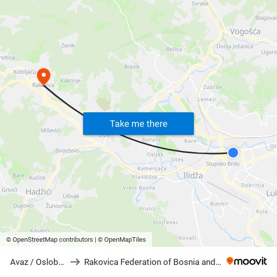 Avaz / Oslobođenje to Rakovica Federation of Bosnia and Herzegovina map