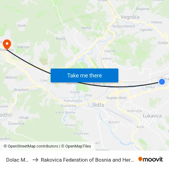 Dolac Malta to Rakovica Federation of Bosnia and Herzegovina map