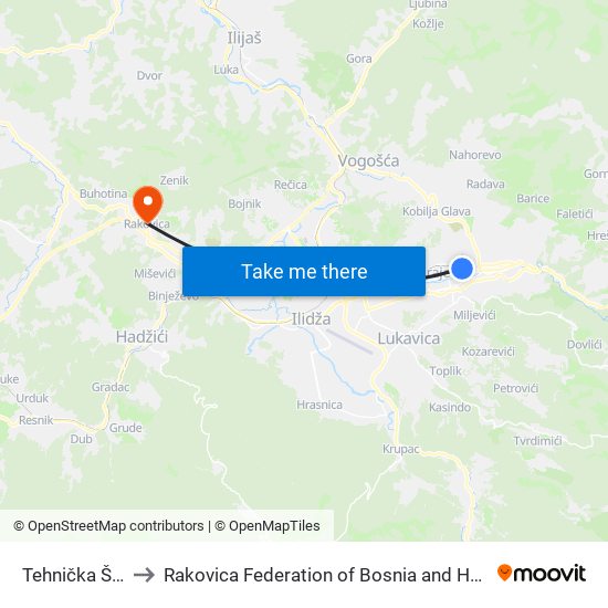 Tehnička Škola to Rakovica Federation of Bosnia and Herzegovina map